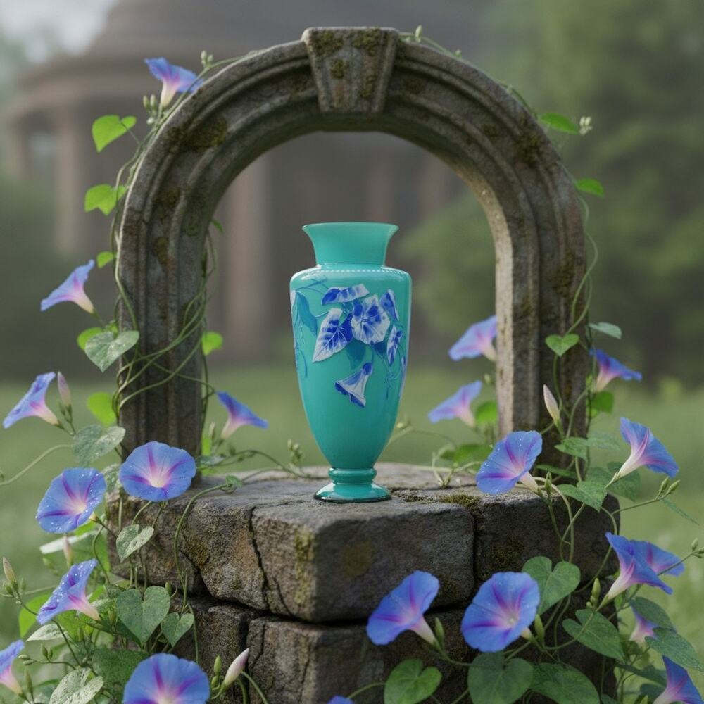 Antique Harrach Bohemian Enameled Opaline Glass Vase-UV Reactive-Art Nouveau